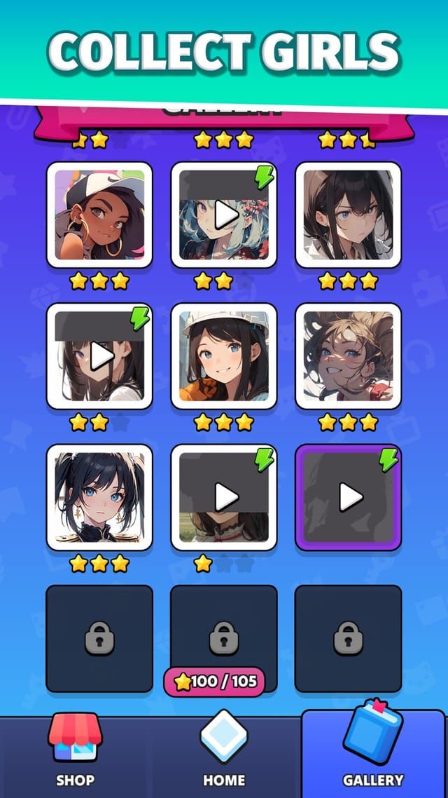 The gallery of collected illustrations, each with its star rating, with locked slots and a progress count of 100 out of 105.