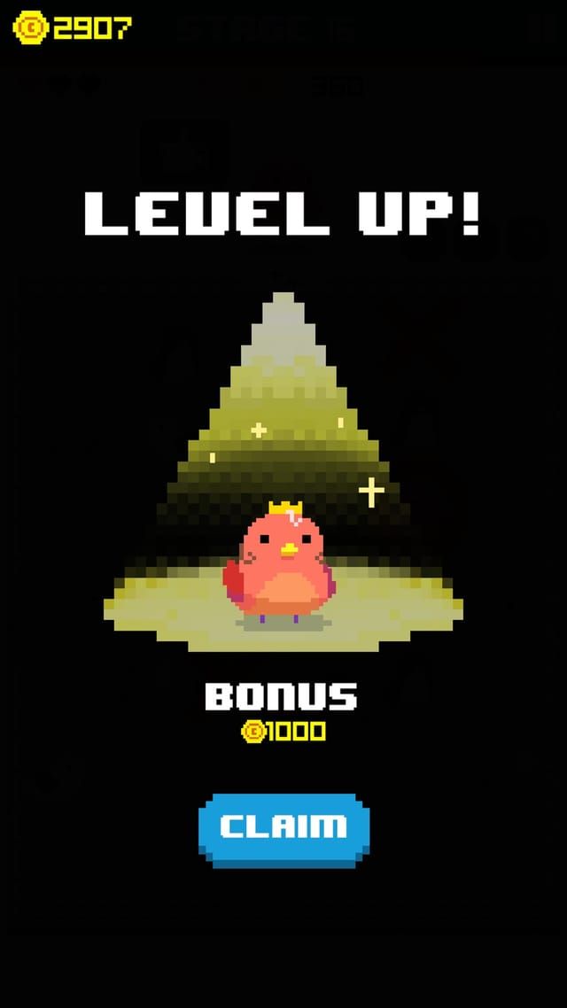 หน้าจอ LEVEL UP! นกสีแดงสวมมงกุฎเล็กยืนอยู่ใต้แสงไฟ พร้อมโบนัส 1000 เหรียญ