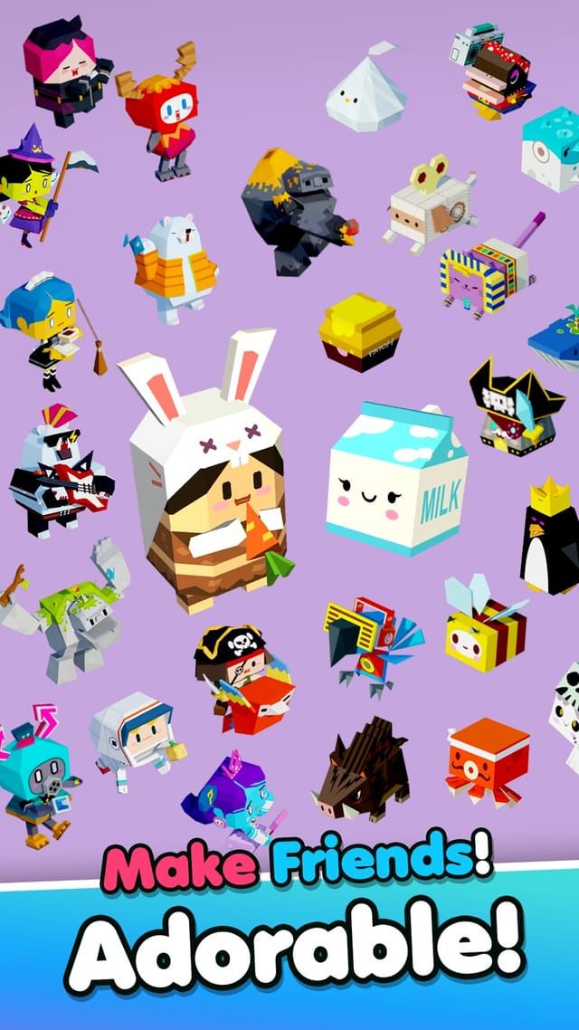 A gallery of collectible cube characters — a rabbit hood, a pirate, a witch, a milk carton and dozens more.