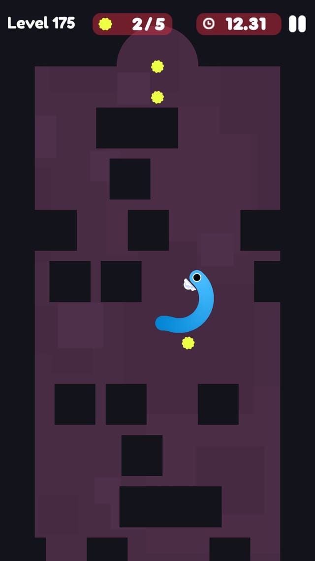Level 175 on a tall purple stage broken up by black blocks, a short blue snake picking its way between them.