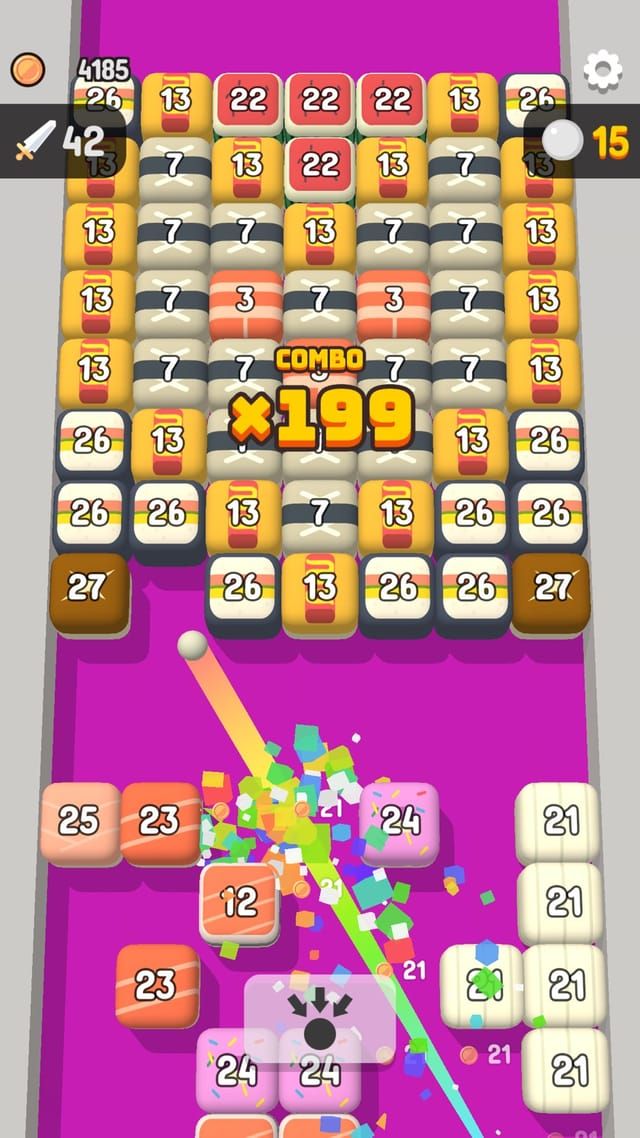 A late board of tightly stacked blocks where the ball is still breaking through and the combo counter holds near two hundred.