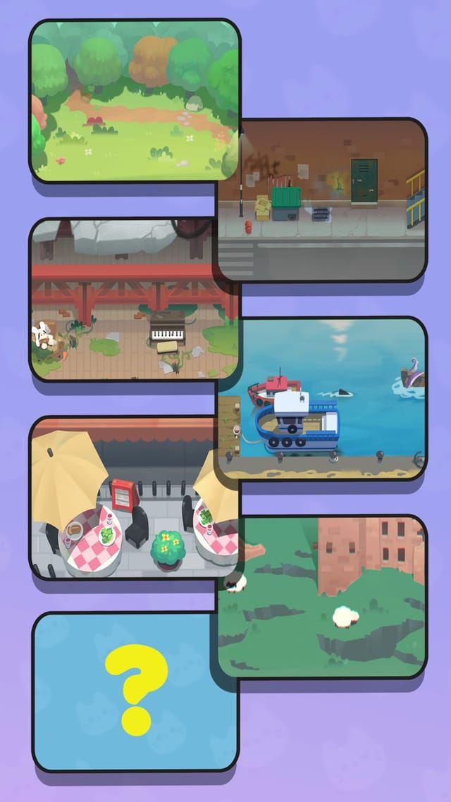 The stage select screen, a column of themed locations from a park and a workshop to a harbour, with one still hidden behind a question mark.