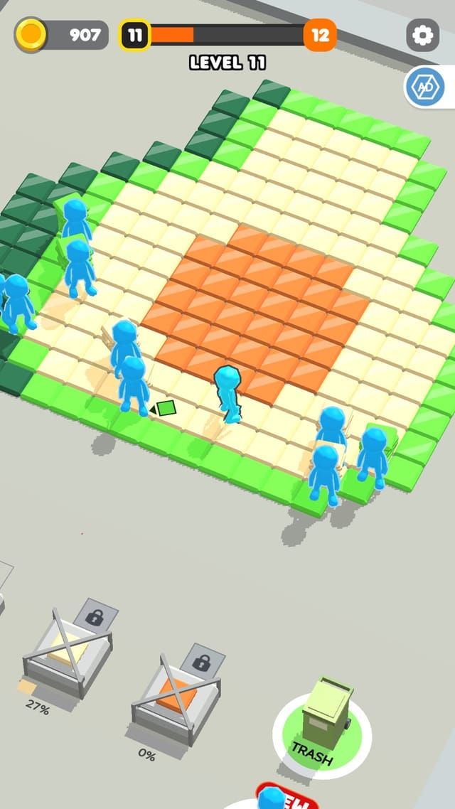 A green and cream picture nearing completion with several workers moving tiles at once.