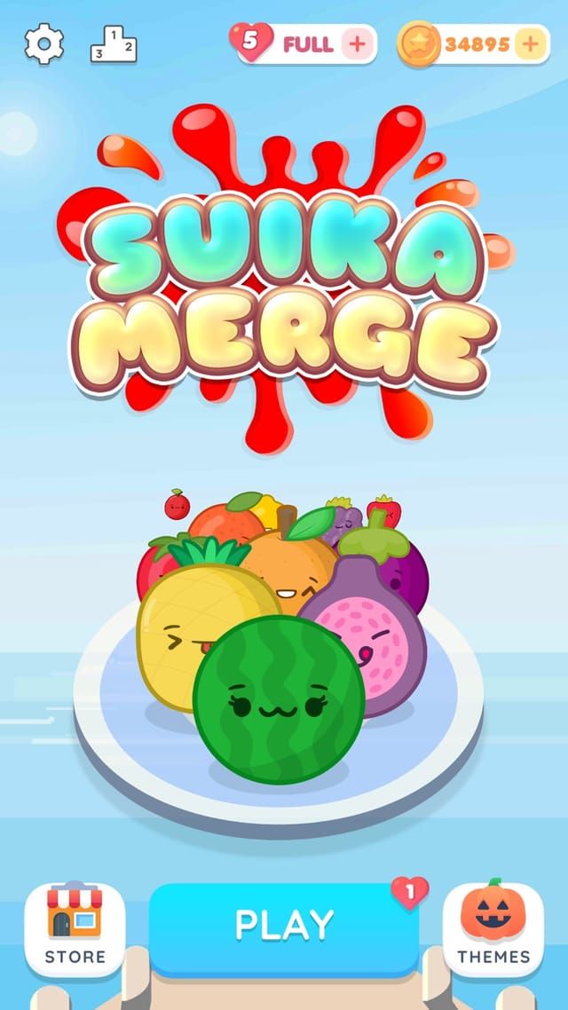 The title screen with the Suika Merge logo above a plate of fruit and the buttons to play, open the store or change theme.