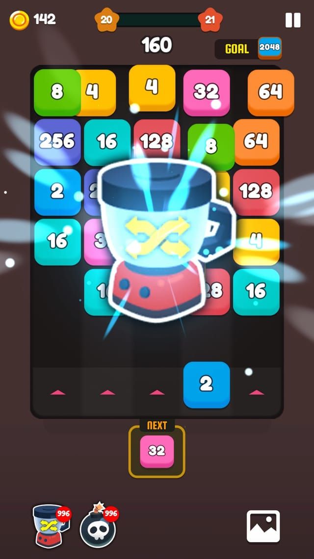 The shuffle booster shown over the board, ready to rearrange every block still standing.