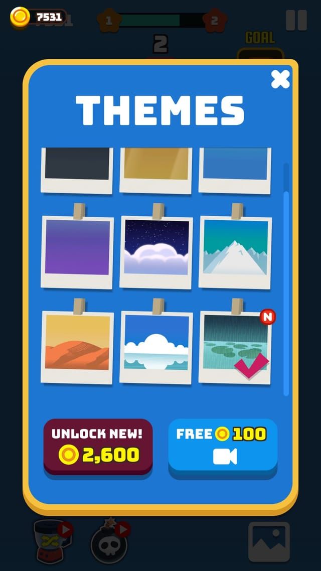 The themes screen, where background sets hang like photographs and can be unlocked with coins or a video.