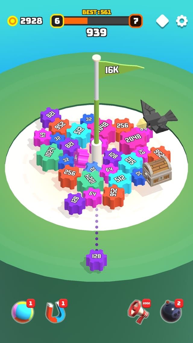 A late board crowded with 256, 512, 1024 and 2048 blocks and a treasure chest, the flag now reading 16K.