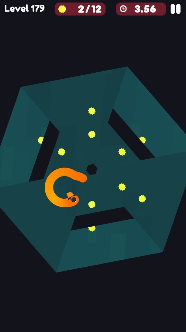 Level 179 in a teal hexagonal arena crossed by diagonal walls, an orange snake curling around the scattered dots.