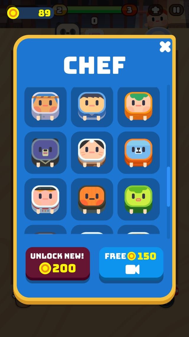 The chef selection panel, a grid of cooks to switch between, with the coin price and a free option below.