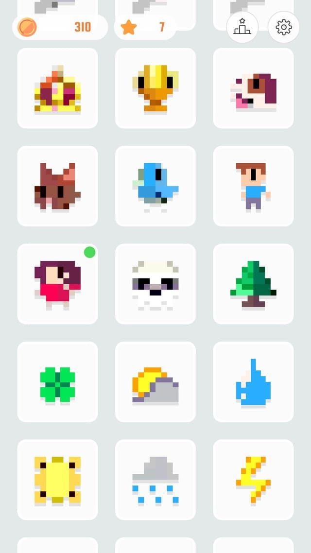 動物と小物テーマのパズル一覧。猫・鳥・木・雲・稲妻などのサムネイルが並んでいる。