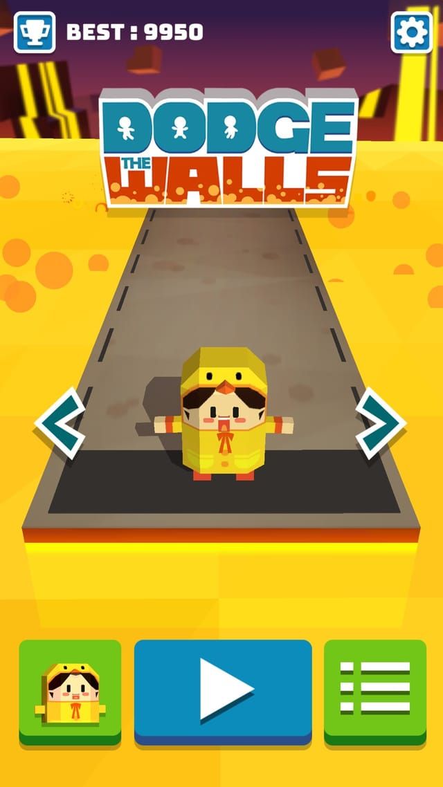 The title screen showing a best score of 9950, the character standing on the platform and the button to start a run.
