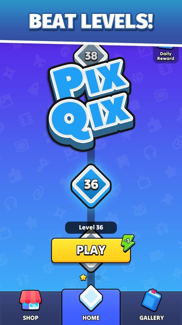 The home screen with the Pix Qix logo, the current level marker and the button to start the next stage.